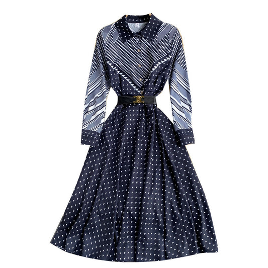 Niche Color-Blocking Striped Print Slim Mid-Length Retro Dress