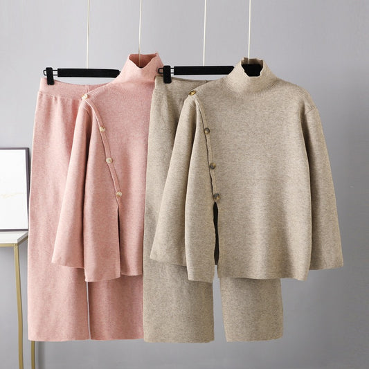 Niche Stand Collar Slit Knitted Turtleneck Sweater Wide Leg Pants Two-piece Set