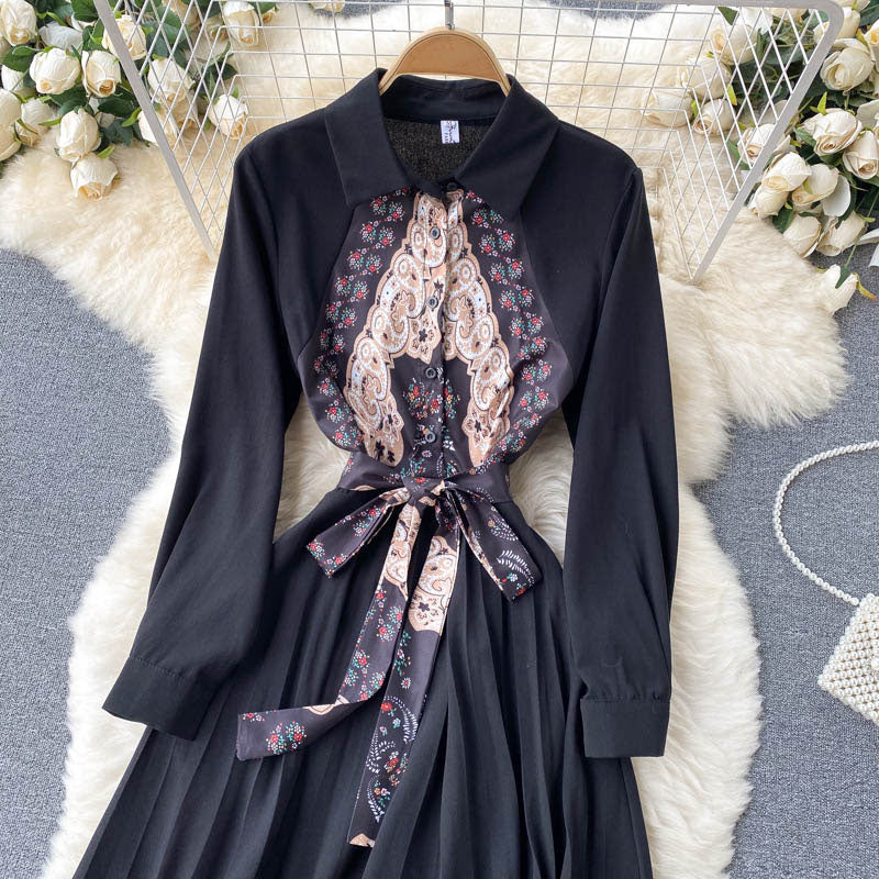Guochao Retro Mid-length Heavy-duty Pleated Large Swing Slim Long-sleeved Dress