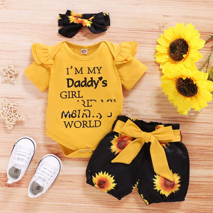 Baby Short-sleeved Letter Print Tops Shorts Hairband Three Pieces Set