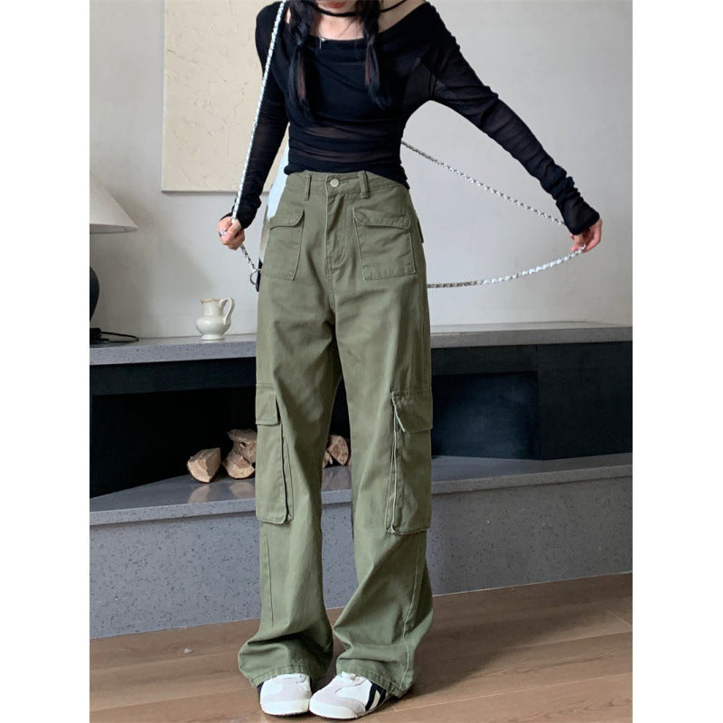 Retro Three-dimensional Pocket Army Green Straight Cargo Pants