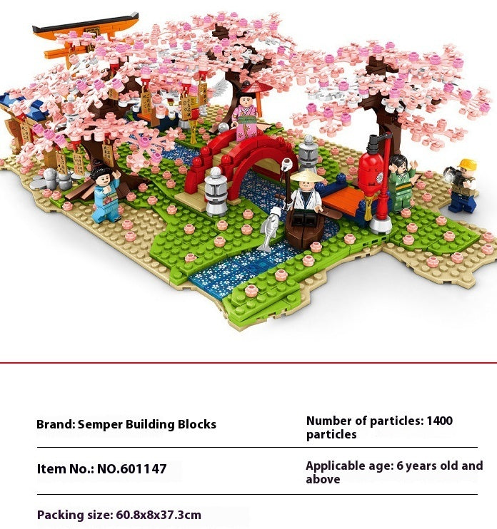 Street View Cherry Blossom Pavilion Building Model Decoration Small Particle Blocks