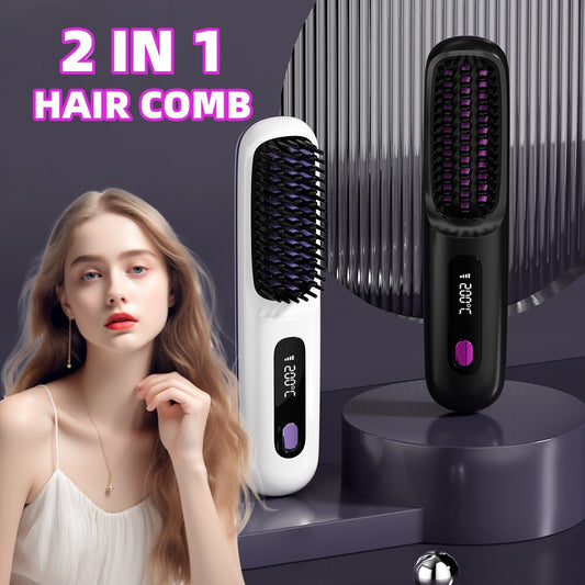 2 In 1 Hair Comb Wireless Straightener Fast Heating Portable  USB Charging