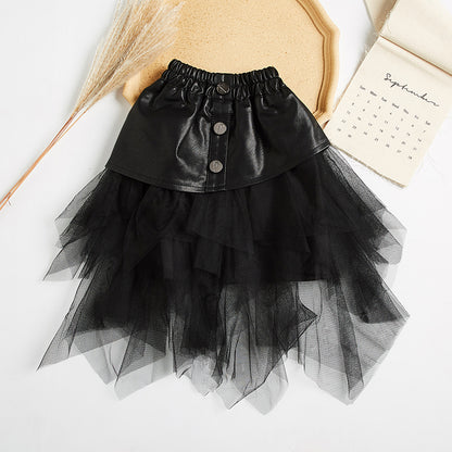 Children's Big Kids Net Gauze Girl Pu Leather Skirt