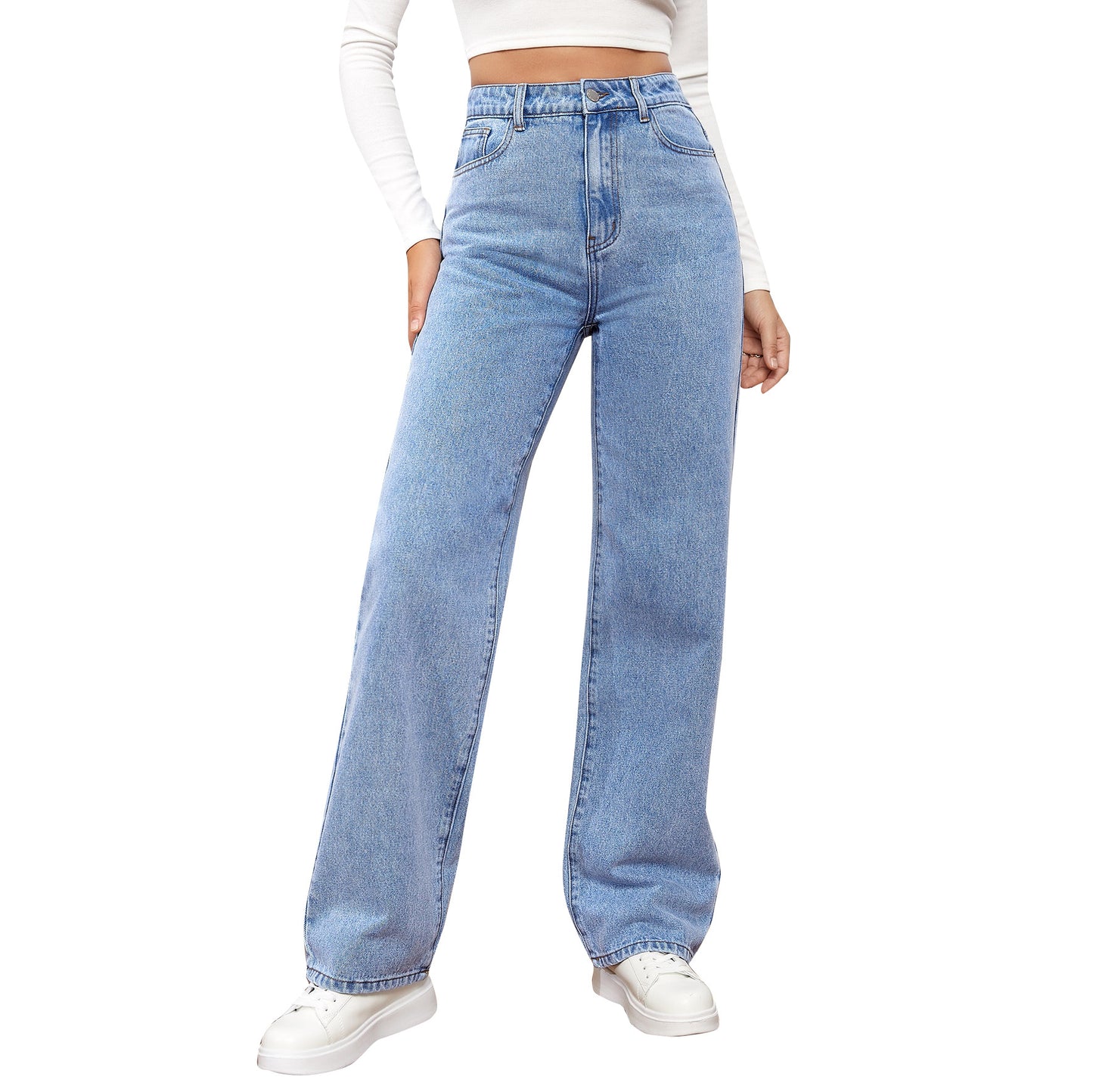 High Waist Straight-leg Denim Trousers Women's Washed Light Color