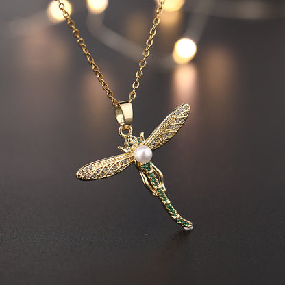 European And American Fashion Normcore Style Colorful Pearl Zircon Dragonfly Necklace
