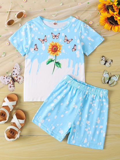 Girls Sunflower And Butterfly Pattern Short Sleeve Top Shorts Suit