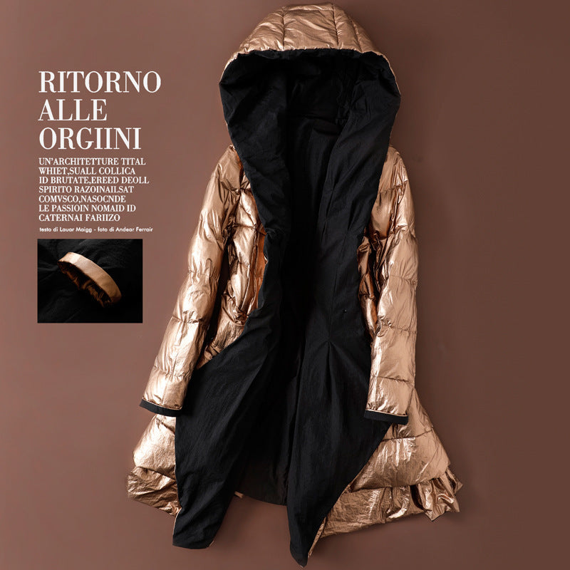 Slim Irregular Thick Mid-length Glossy Two-sided Wear Down Jacket Women