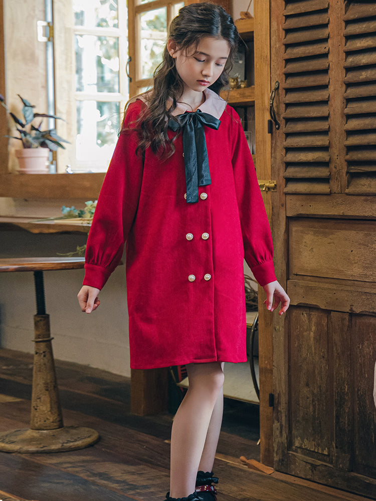 Girls' Western Style Loose Dress Plus Velvet Princess Dress Red Dress