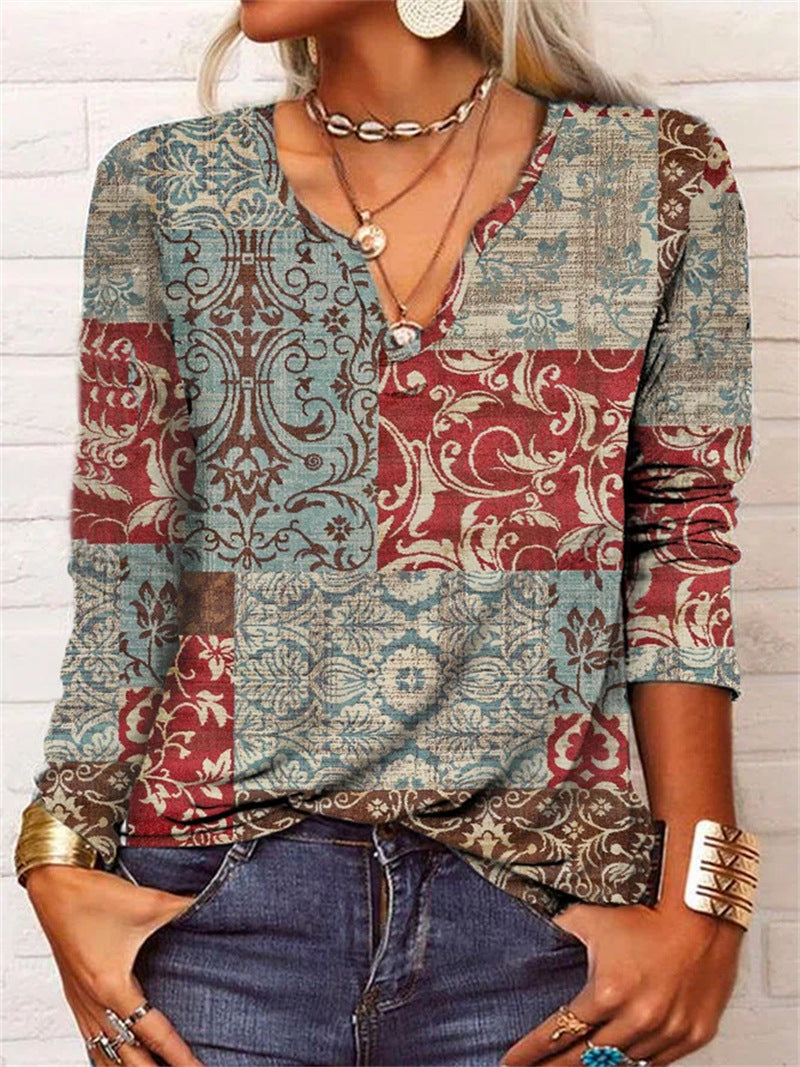 Loose Long Sleeve Floral V-neck T-shirt Bottoming Shirt Women's Clothing