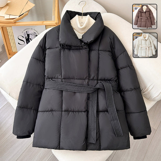 Winter Plaid Sewing Lapel Coat With Lace-up Design Thick JacketWomen's Clothing