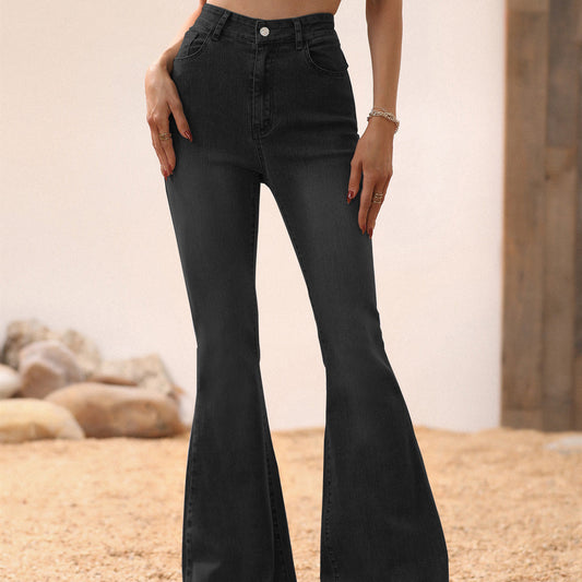 Women's Clothing Slightly Flared Jeans Black Rough Edges Horseshoe Pants