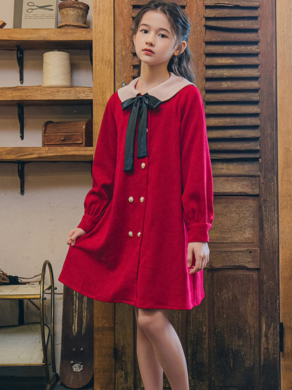 Girls' Western Style Loose Dress Plus Velvet Princess Dress Red Dress