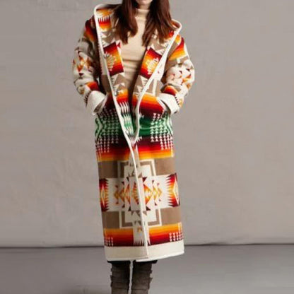 Women's Long Trench Coat Printed Hooded Jacket