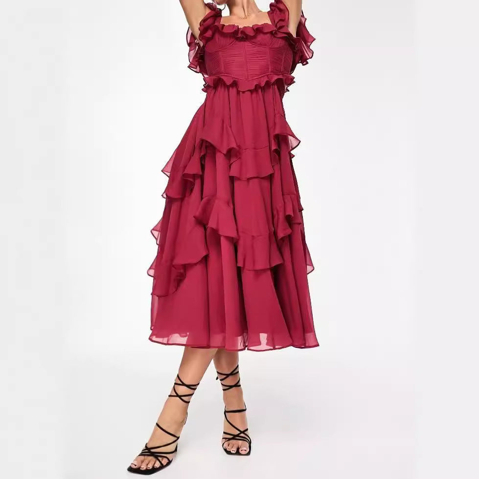 Ruffled Short-sleeved Dress Fashion Backless Square Neck Long Dresses