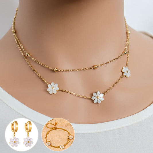 Fashion Jewelry Stainless Steel Flower DaisyFlower Necklace Double Layering Necklace Earrings Jeweley Set