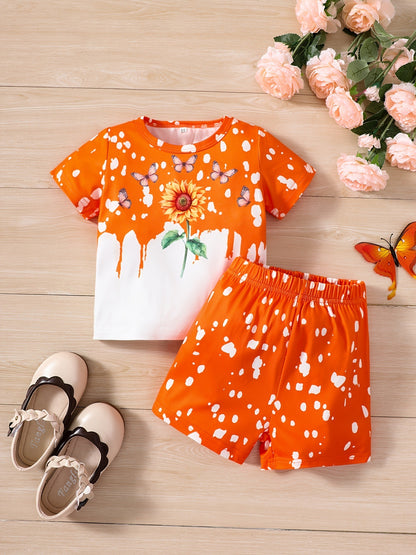 Girls Sunflower And Butterfly Pattern Short Sleeve Top Shorts Suit