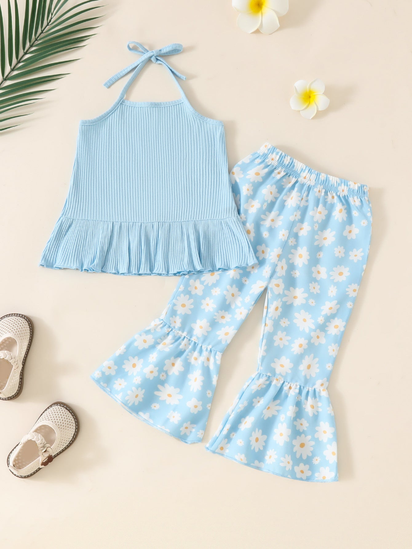 Girls' Sling Shirt Flower Printed Trousers Two-piece Set