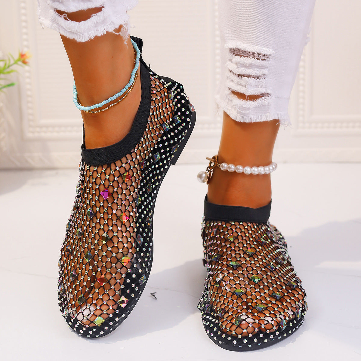 Fashion Mesh Flat Sandals With Colorful Rhinestone Design Summer New Round Toe Beach Shoes For Women