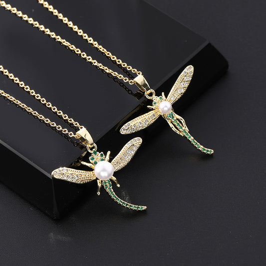 European And American Fashion Normcore Style Colorful Pearl Zircon Dragonfly Necklace