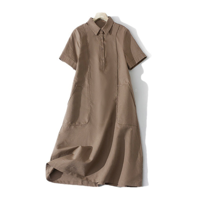 Summer Artistic Loose Solid Color Cotton And Linen Lapel Short Sleeve Dress Women