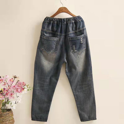 Ethnic Style Embroidered Retro Elastic Waist Jeans