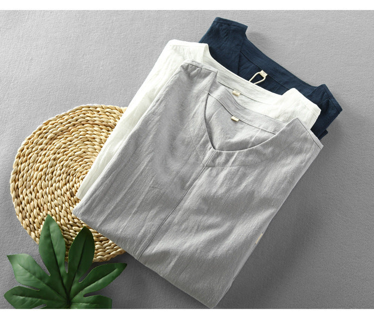 Linen Short-sleeved T-shirt Simplicity Casual Thin Pullover V-neck T-shirt Foreign Trade