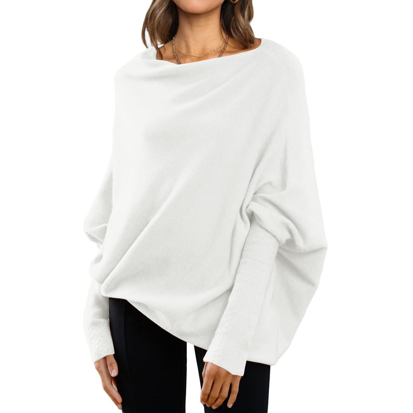 Loose Bat Sleeve Sweater Tops Simple Casual Fashion Versatile Solid Color Round Neck